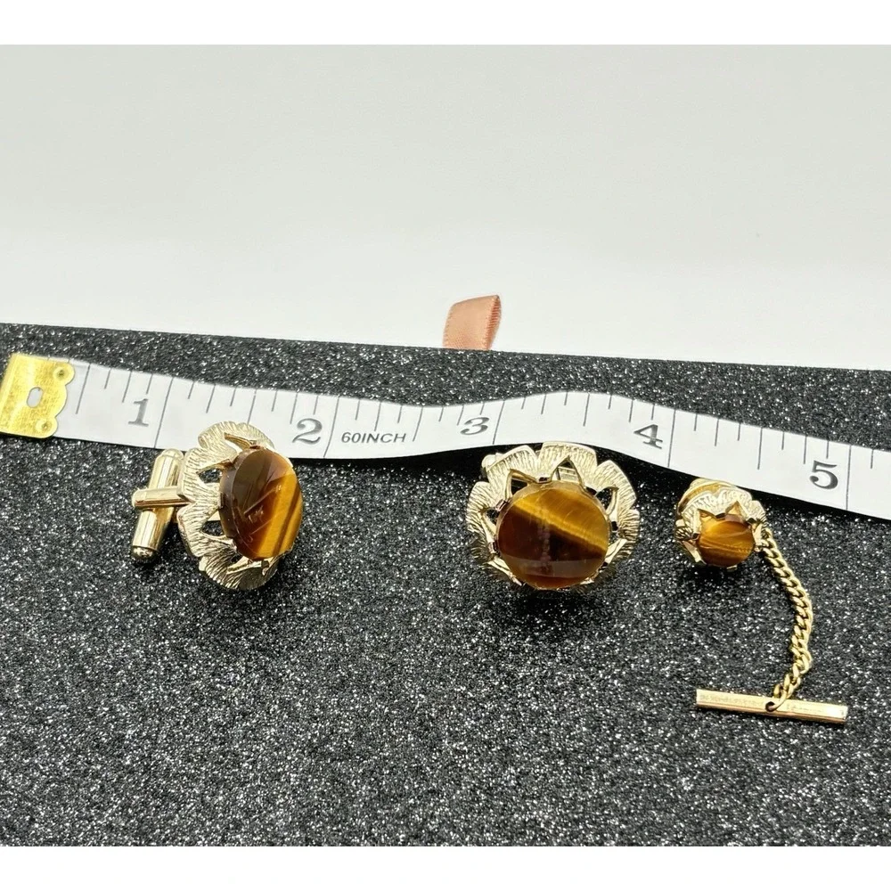 Vintage Dante Tiger's Eye Cufflinks Tie Tack Set Gold‎ Tone Swirl Retro Mens